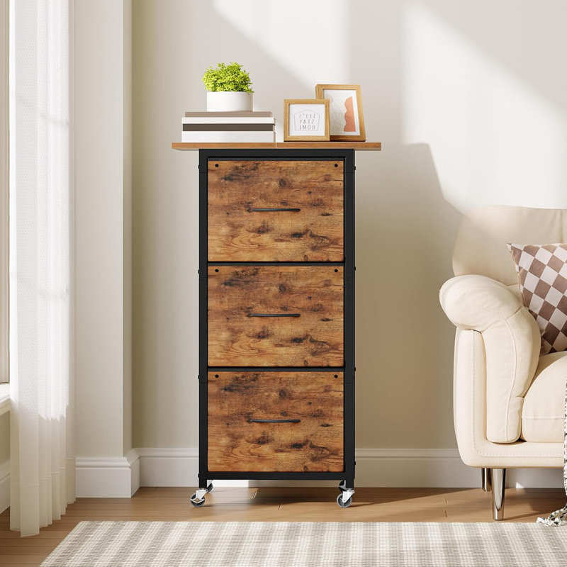 Rustic Brown & Black 3-Drawer Vertical File Cabinet - Wheeled, With Adjustable Hanging Rods (Printer Stand, Fits A4/Letter For Home Office)