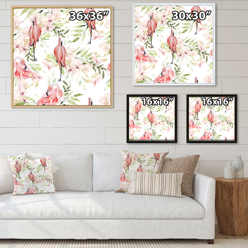 " Bright Pattern With Leaves Flowers, Flamingo Bird " Painting Print, Gold Framed, 31" H x 31" W x 1" D