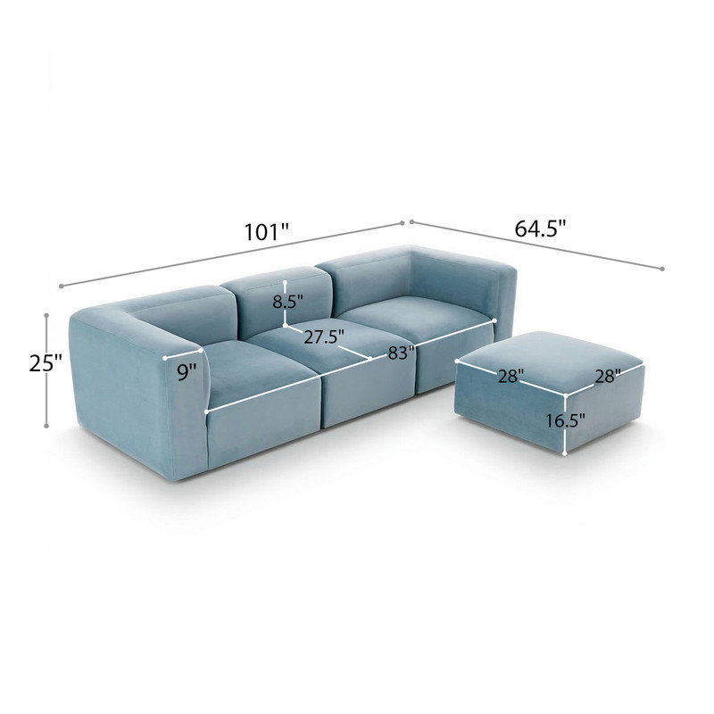 Rungata 101" Performance Velvet Modular Sectional With Reversible Chaise Ottoman, Blue