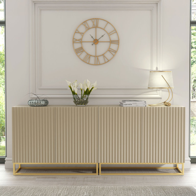 Modern Sideboard with Fluted Fronts & Gold Legs – 200cm Storage Cabinet, Cream