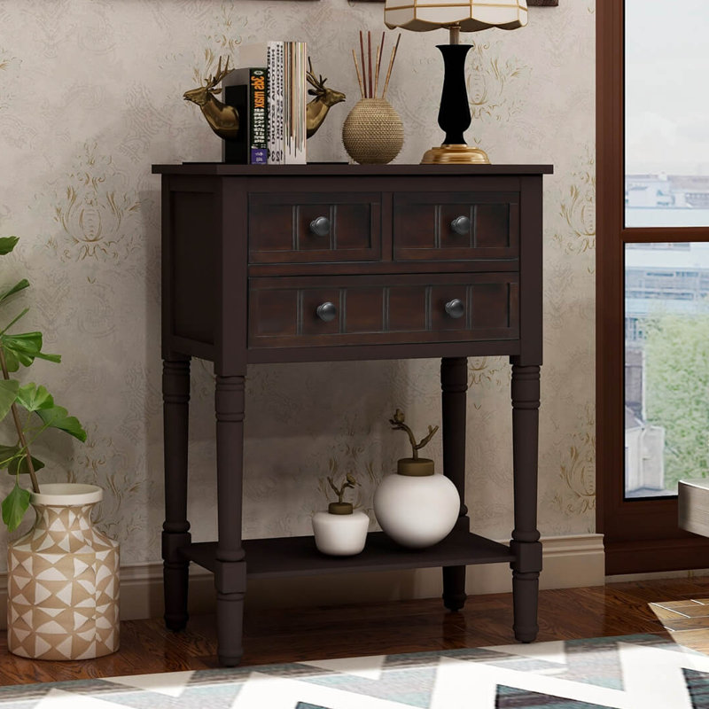 Weinman Modern Rustic Solid Wood Narrow Console Table with 3 Drawers and Bottom Shelf for Hallways, Entryways, or Behind Sofas