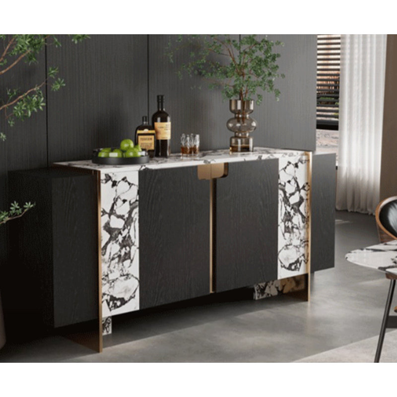 Armoire d'appoint décorative en marbre de style français, 35.43" H x 70.86" W x 15.75" D, Black/White/Gold