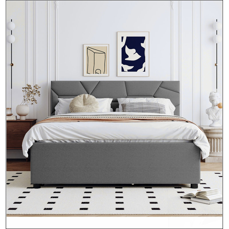 Lit plateforme tapissier avec tête de lit à motif de brique, lit gigogne et 2 tiroirs pour les chambres à coucher modernes