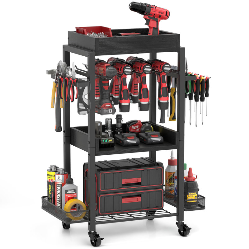 Garage Storage Shelving with Rolling Cart & Open Tool Chest Cabinet Box Organizer with Wheels, Black