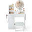 Bureau de maquillage pour coiffeuse avec lumières DEL et miroir rotatif, bureau de coiffeuse avec 2 tiroirs, 6 compartiments à fentes, plateau de table pliable, tabouret de rangement, prises de courant, support pour sèche-cheveux, blanc