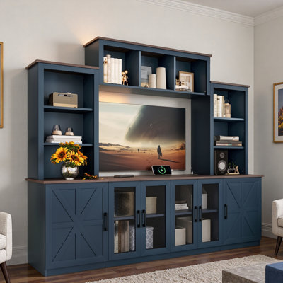 Meuble télé mural avec station de charge, grande armoire de rangement et tablettes ouvertes