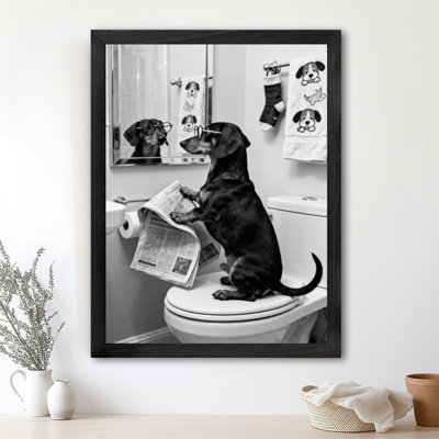 Black Framed Vintage A dog holding a newspaper and looking in the mirror Wall Art Retro Style Framed Prints