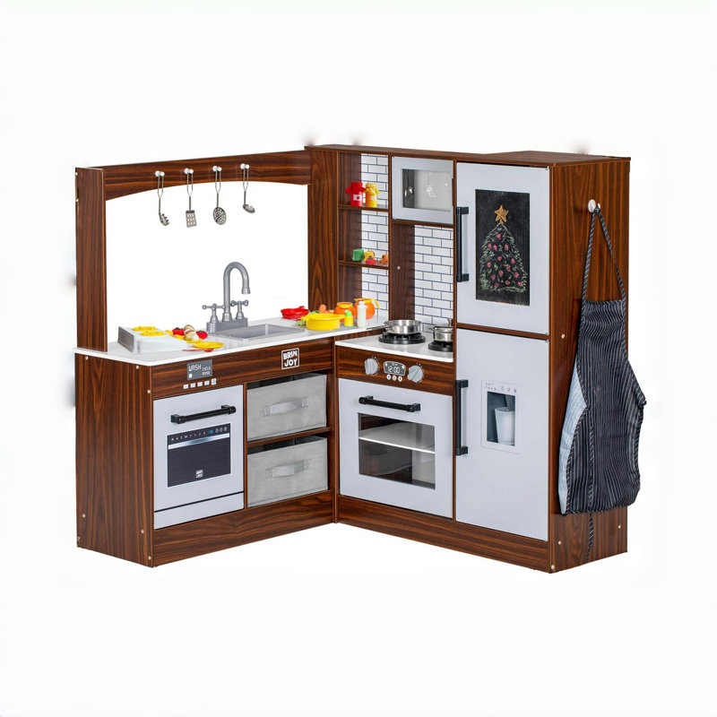 Corner Play Kitchen For Kids, Wooden Pretend Toy Kitchen Playset, Brown