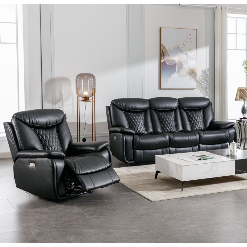 Ensemble de salon inclinable électrique en cuir 2 pièces avec coutures en losange, Similicuir classique minuit