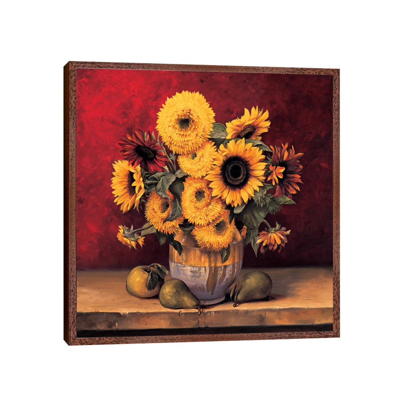 Sunflowers With Pears by Andres Gonzales - Floater Frame Print on Canvas, Brown Framed, 45.72 cm H x 45.72 cm W