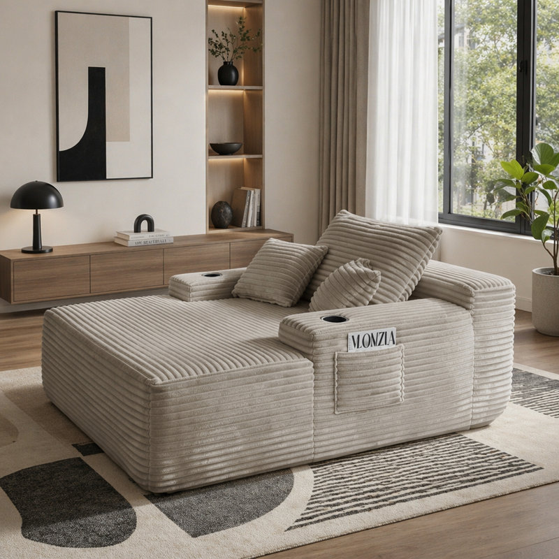 Méridienne convertible, canapé-lit désossé avec accoudoirs larges et coussins décoratifs, méridienne rembourrée en velours côtelé, aucun assemblage requis