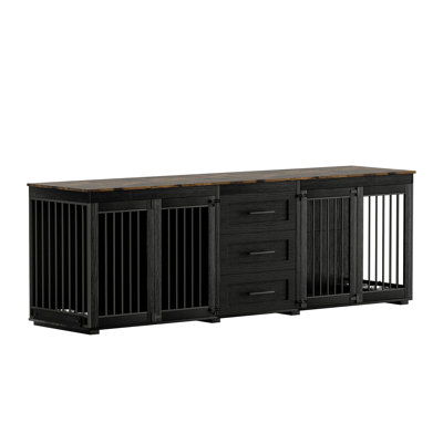 Large Furniture Style Wooden Dog Crate With 3 Drawers And 2 Dog Bowls