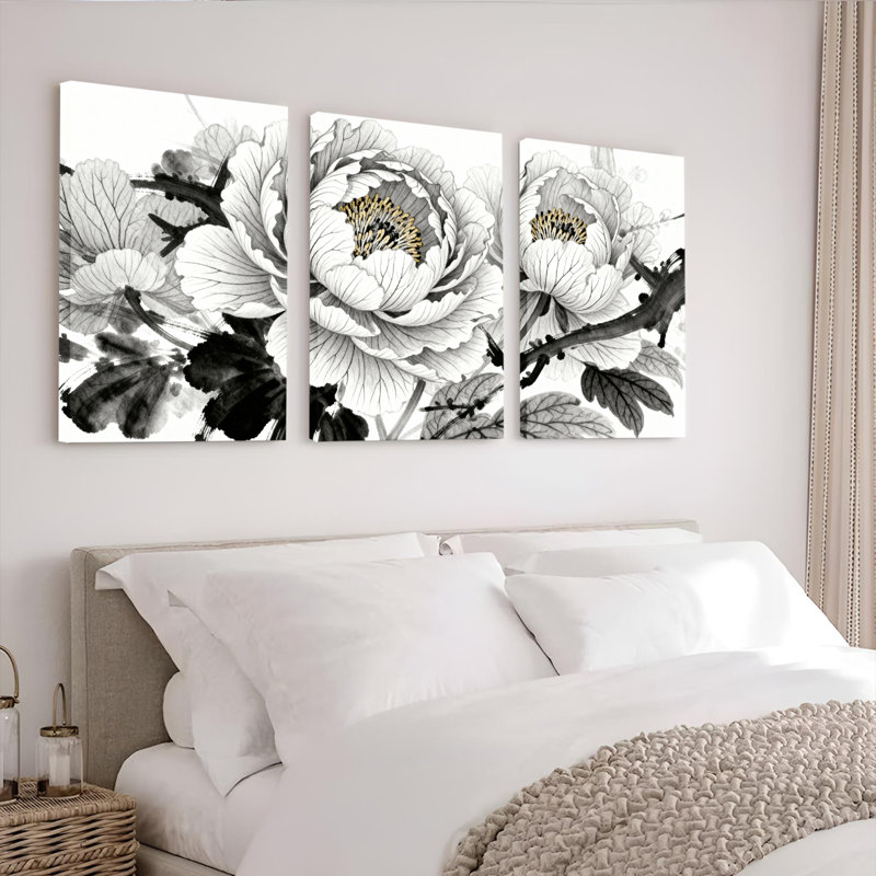Tableau mural sur toile tendue, motif floral pivoine noire et blanche, style lavis d'encre (paquet de 3), H 36 po x l 72 po