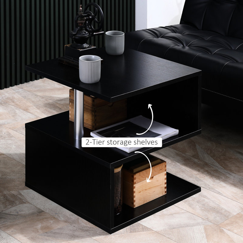 Table de bout noire de 20 po avec tablette de rangement, en forme de S moderne, avec rangement renforcé pour poteaux en acier, grâce en forme de S, balance sécurisée