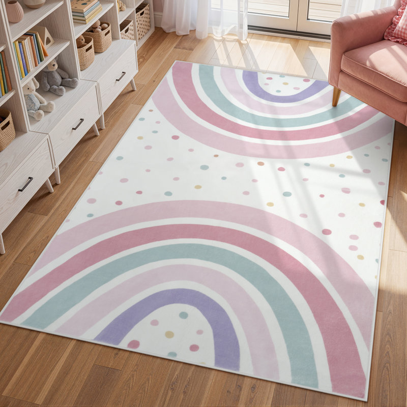 Machine Washable Rainbow 4X6 Kids Rugs - Non-Slip Low Pile Nursery & Bedroom Indoor Area rug, Colorful Playroom Decor