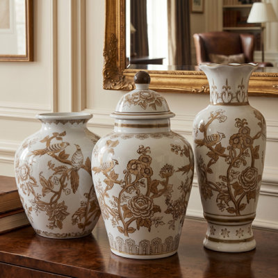 Collection de vases décoratifs chinois peints à la main pour la décoration intérieure - pot en gingembre en céramique, vase floral et grand vase - centre de table classique moderne pour le salon, la salle à manger - ensemble de 3, blanc et brun