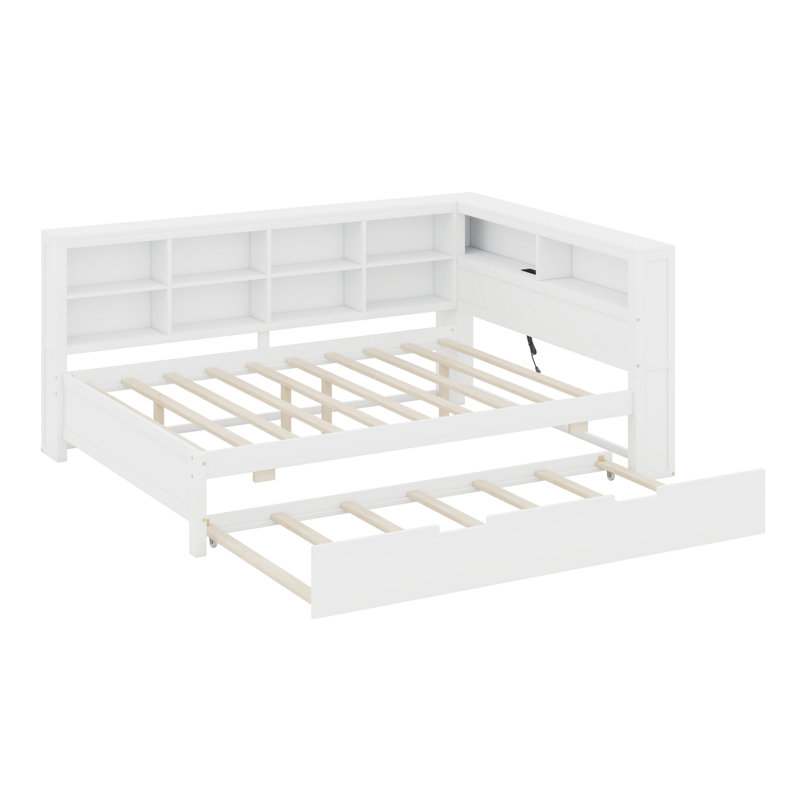 Lit de jour en bois avec lit gigogne, lit de jour avec tablette de rangement et ports de chargement USB, Lit simple, White