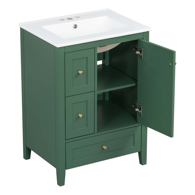 24-Inch Bathroom Vanity With Storage, Adjustable Shelf, MDF & Rubberwood