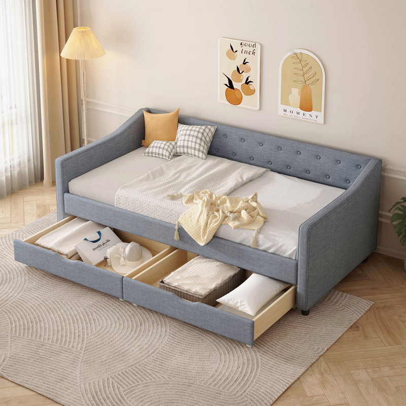 Upholstered Daybed, Twin Size Daybed With Drawers Tufted Sofa Bed, With Button On Back And Piping On Waved Shape Arms, Twin