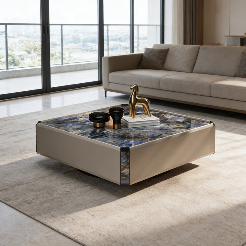 Table basse carrée avec 2 tiroirs, Bleu, H 14,17 po x L 35,43 po x l 35,43 po