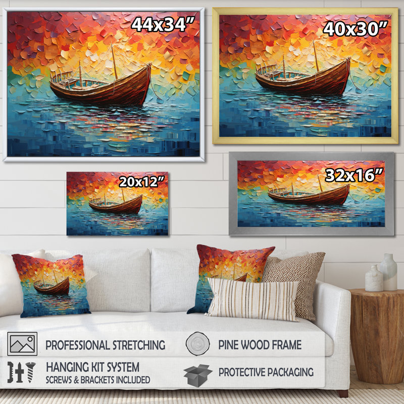 Coucher de soleil orange sur un bateau à voile II - bateau de pêche, art mural, Cadre de coin blanc fermé