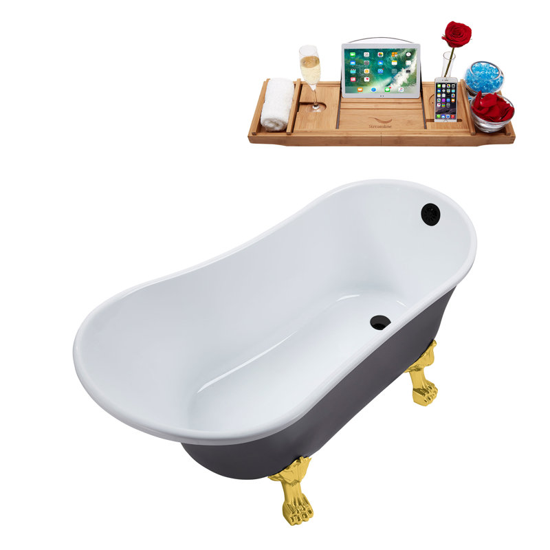 55" Streamline Clawfoot Soaking Acrylic Bathtub With Drain, Clawfeet, and Bamboo Tray, Polished Gold, Matte Black
