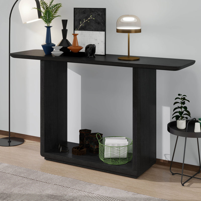Console en bois, base en forme de U, console avec coins incurvés, plateau en panneau de fibres à densité moyenne avec placage en bois naturel