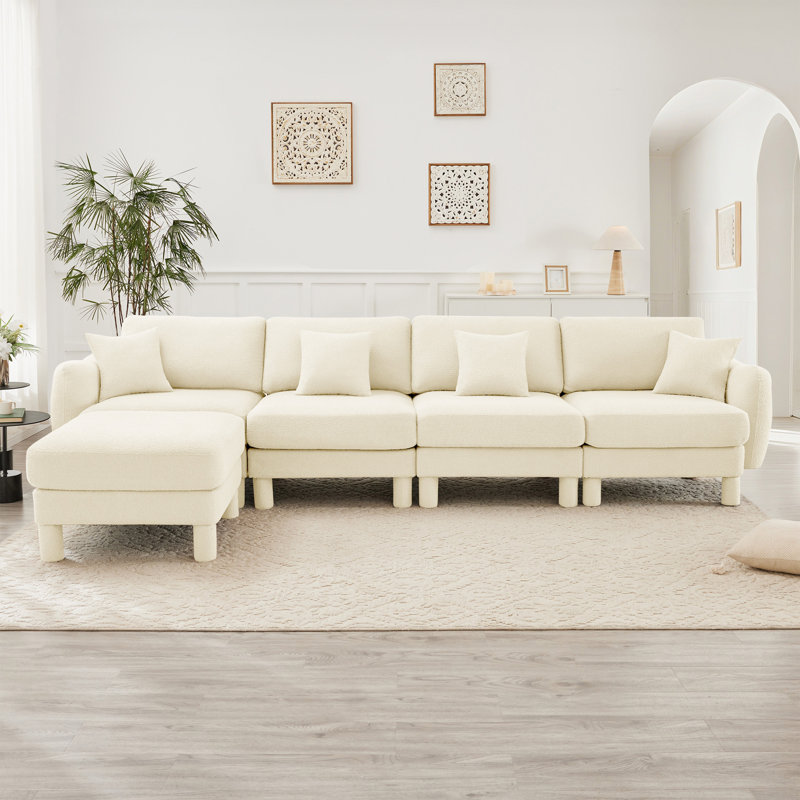 Canapé modulaire en L convertible en forme de L pour 4 personnes avec accoudoirs en forme de coquillage et repose-pieds amovible, couleur beige