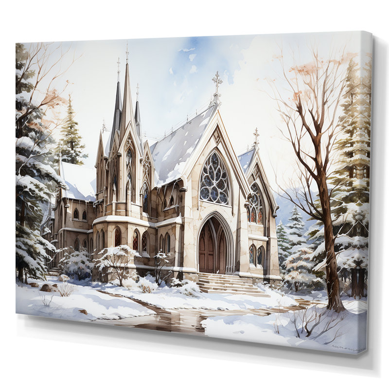 Chapelle de mariage blanche, aquarelle d'hiver rustique, Toile tendue, H 12 po x l 20 po x P 1 po