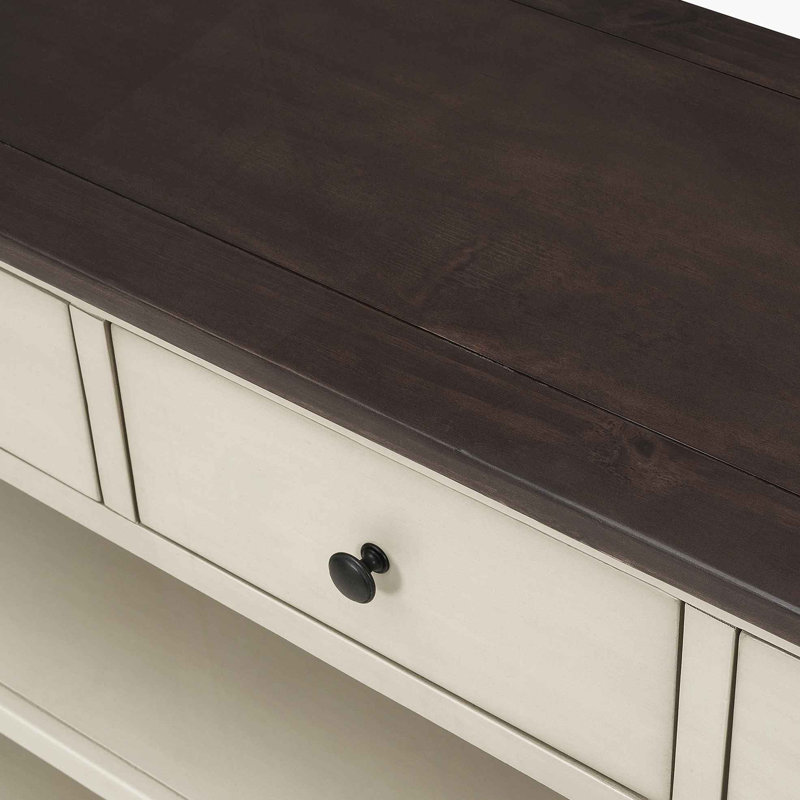 Console rétro avec deux tablettes ouvertes, structure en bois de pin massif et pieds pour le salon (espresso et beige), Beige