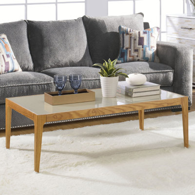 Table basse rectangulaire en verre givré avec pieds en bois naturel