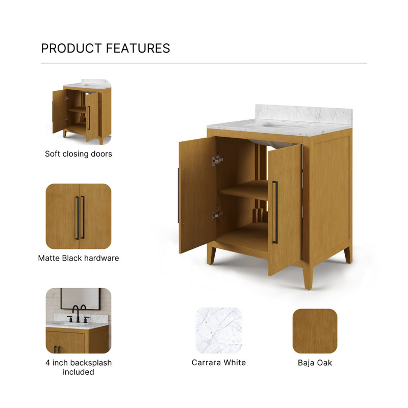 30 po Berwyn Meuble-lavabo de comptoir simple en marbre d'ingénierie blanc Carrara en chêne Baja