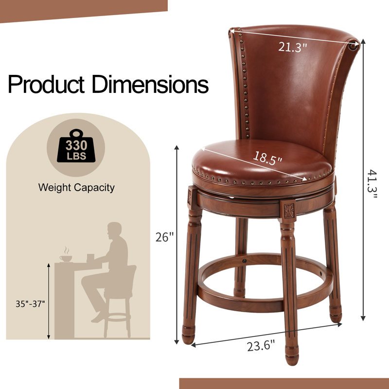 Tabourets de bar pivotants à dossier haut avec siège rembourré en cuir véritable pleine fleur et repose-pieds en bois massif, tabouret de bar pour îlot de cuisine et pub