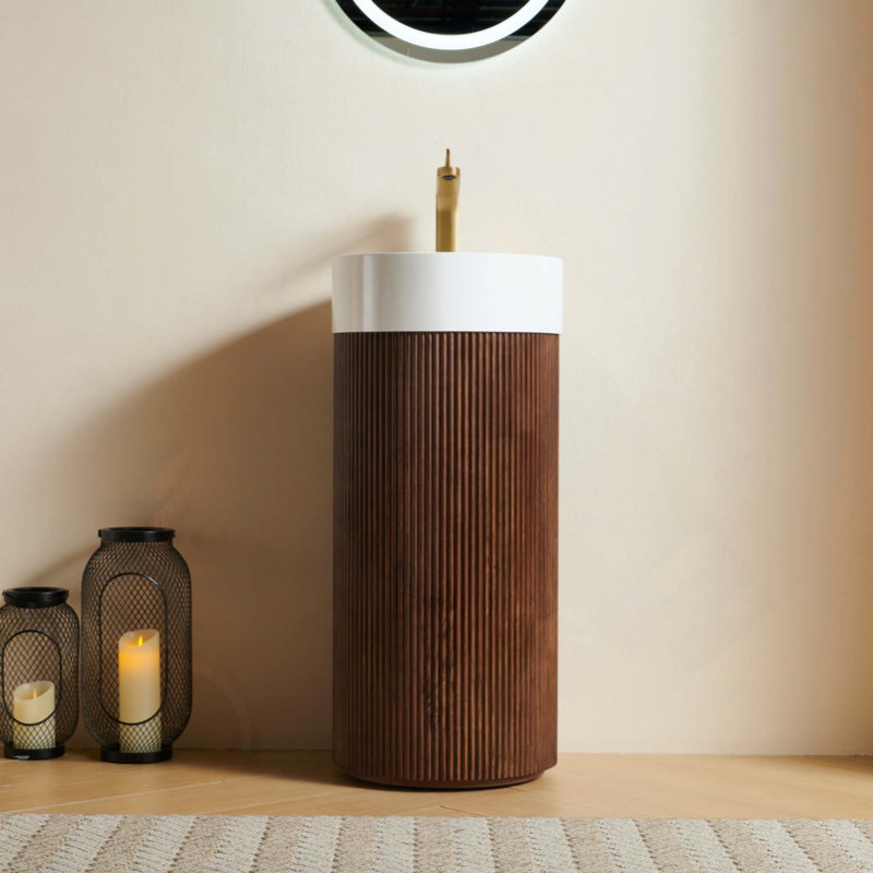 Armoire autoportante cylindrique, bassin rond à surface solide avec trou pour robinet, sans couvercle d'évier, sans robinet et ensemble de bonde