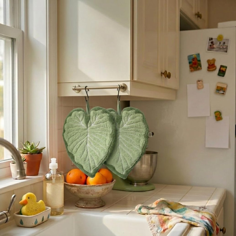 2 Pack Leaf Hanging Hand Towel with Loop, Boho Green Bathroom Decor
