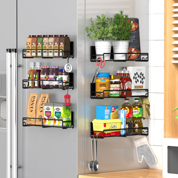 6 Pack Magnetic Fridge Shelf with Hooks, Spice Organizer Shelf for Kitchen Organization and Storage, Seasoning Organizer Gadgets for Metal Surface