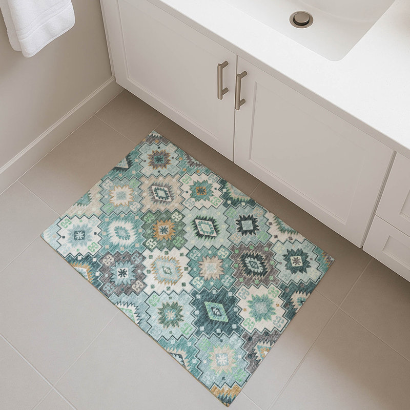 Premium Machine Washable Mayfield  Ethnic Rug, 1'8" x 2'6", Teal