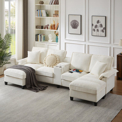 Canapé-lit modulaire en velours côtelé de 120 po avec rangement - conception moderne en forme de U, 4 places, parfait pour le salon, un appartement ou un salon, avec porte-gobelets pour plus de commodité (beige)