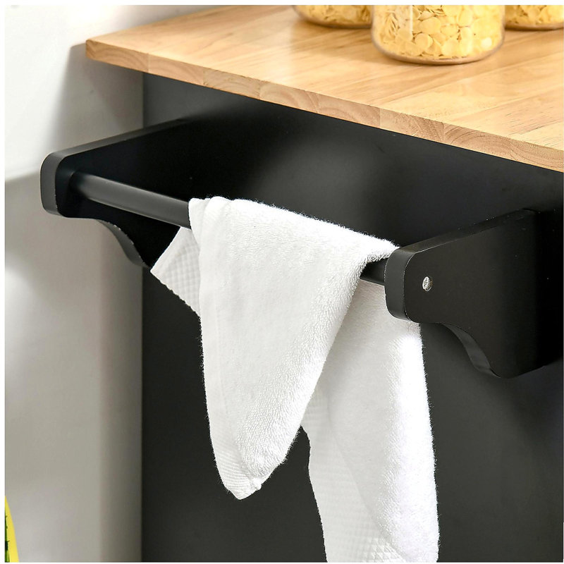 Chariot pour îlot de cuisine pivotant de 41 po, plateau en bois d'hévéa avec tiroirs, chariot de rangement multifonctionnel, noir