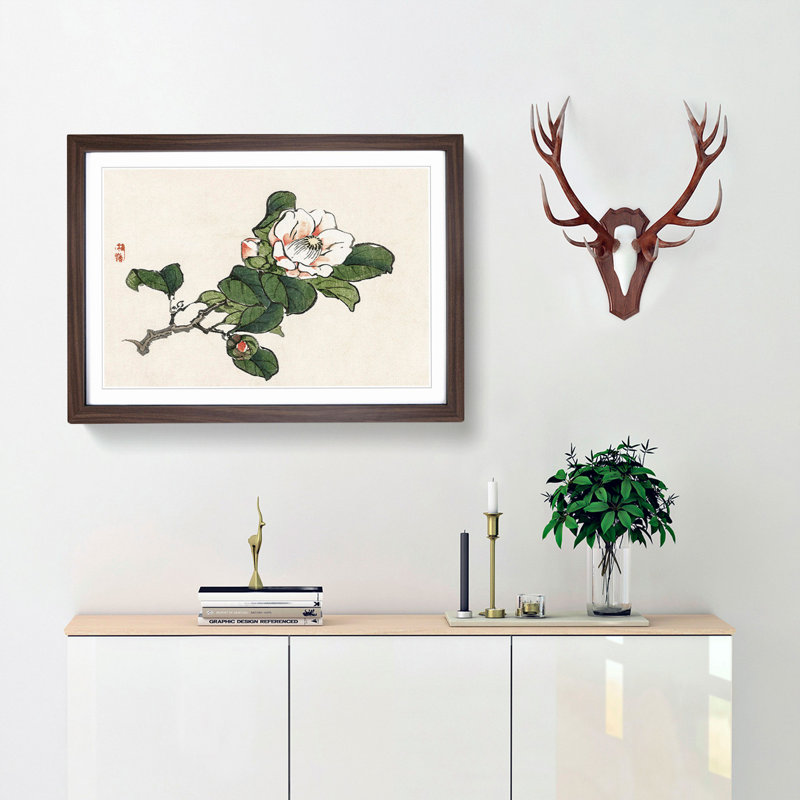 Pink Camelia Flower by Kono Bairei - Framed Print, 50cm H x 76cm W x 2cm D, Walnut