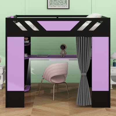 Structure de lit mezzanine multifonctionnelle en bois avec bureau, tablettes de rangement, rideaux occultants et lumières RVB