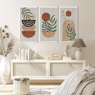 Boho Abstract Geometric Wooden Wall Art Green Leaves Pattern Wall Decor Mid Century Modern Wood Wall Sculpture Set Of 3 For Living Room Bedroom Office 16x32 Inch