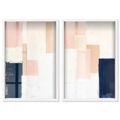 Indigo Pink and Cream Duo Shadowbox Print Livingroom Wall Art Set by Art Remedy, Black Frame, 10 x 15