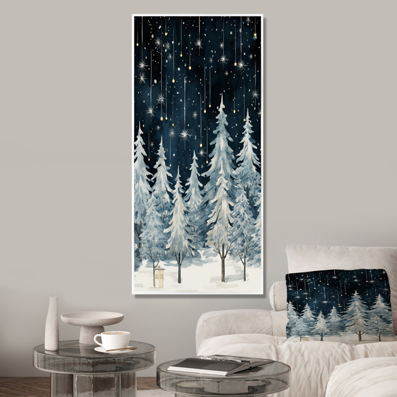 «Winter Pine Tree Starry Night Sky I», reproduction sur toile encadrée, H 60 po x l 28 po x P 1,5 po, Cadre flottant blanc
