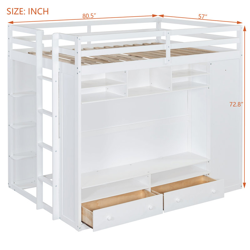 Lit mezzanine double avec tiroirs, tablettes et lumière - blanc, Blanc
