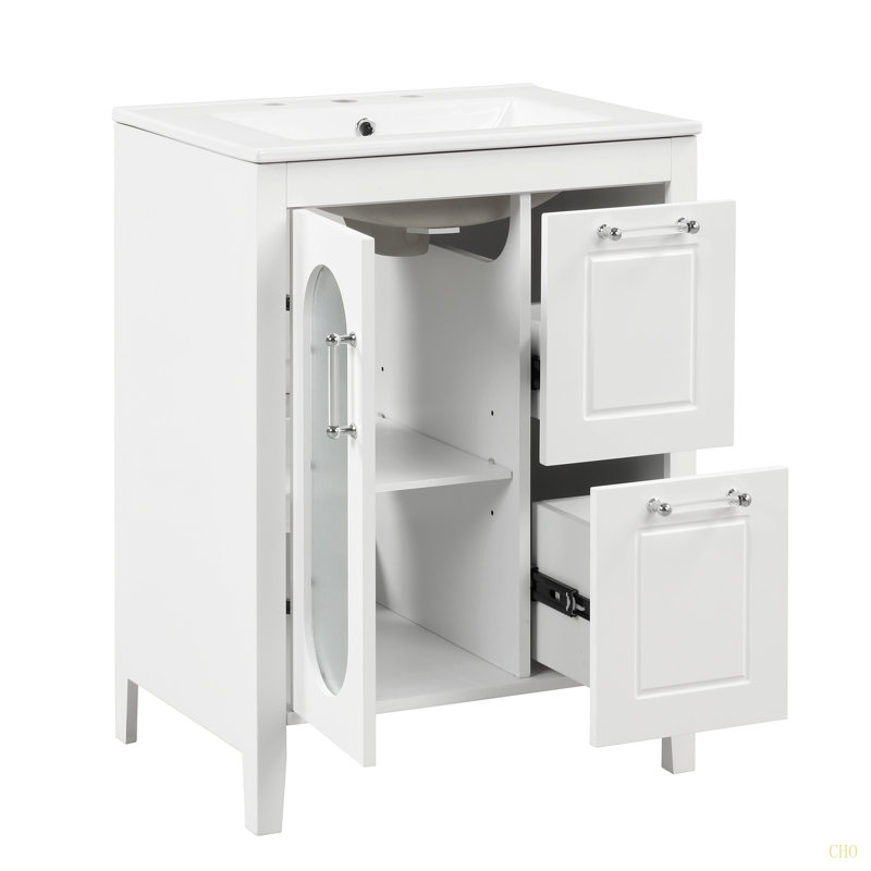 Meuble-lavabo 24 po avec lavabo, meuble-lavabo avec deux tiroirs et porte, tablette réglable, bois massif et panneau de fibres à densité moyenne
