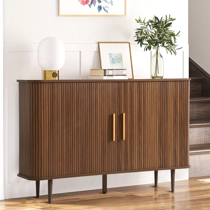 47" Sideboard Buffet Cabinet with Storage Cabinet with Tambour Slide Doors&Shelves, Fluted Storage Cabinet with Curvy Edge, Accent Console Buffet Cabinet,