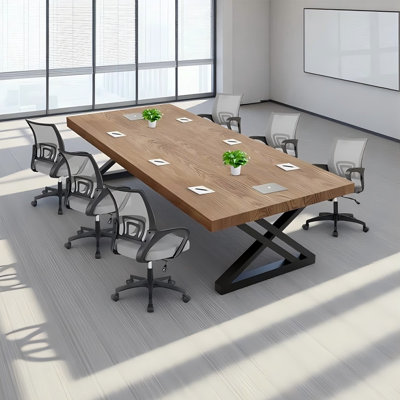 Industrial-style solid wood conference table and chair set, paired with office chairs