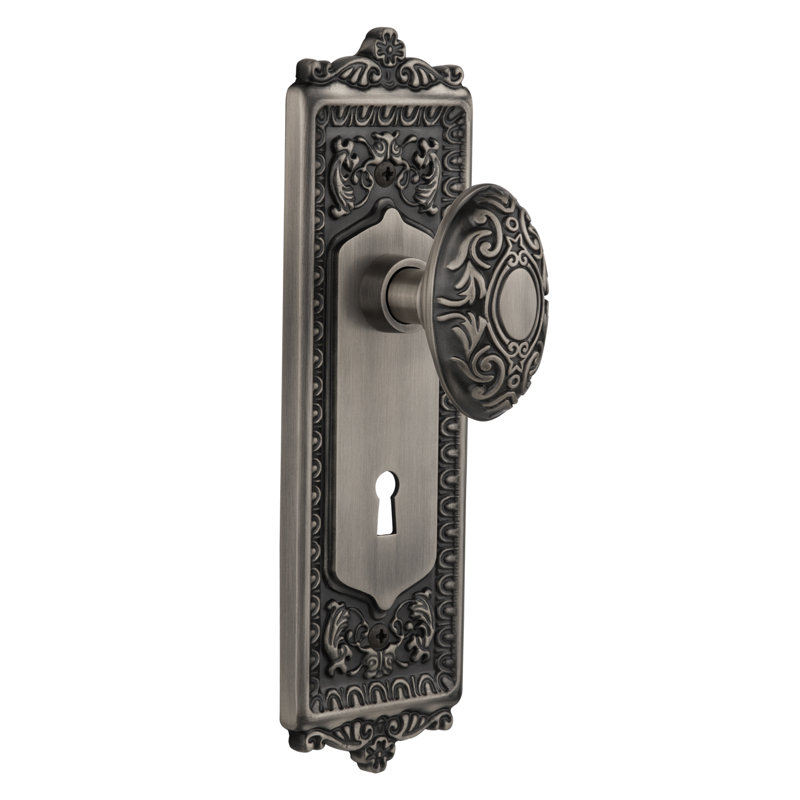 Egg and Dart Interior Mortise Door Knob with Circle Rosette, Antique Pewter