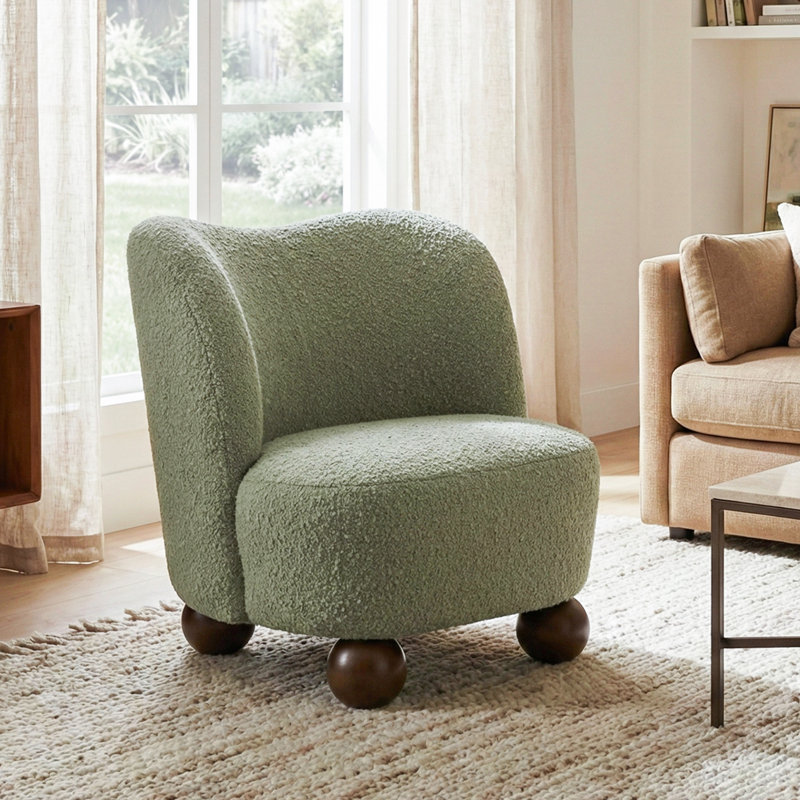 Fauteuil d'appoint rembourré Balleta Boucle, Vert, Bois brun foncé
